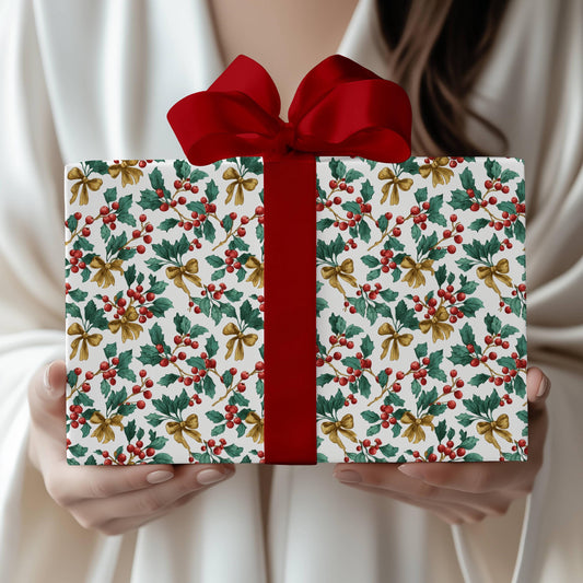Toile Mistletoe Wrapping Paper Elegant Chinoiserie Gift Wrap Red Gold Holiday Wrapping Paper Roll Luxury Golden Bow Gift Wrap Christmas - LAUMIANstudio