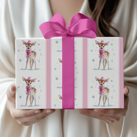 Girl First Christmas Gift Wrap Pink Baby Deer Wrapping Paper Christmas Reindeer Present Paper for Girl Baby Shower Decor Winter Deer Party - LAUMIANstudio