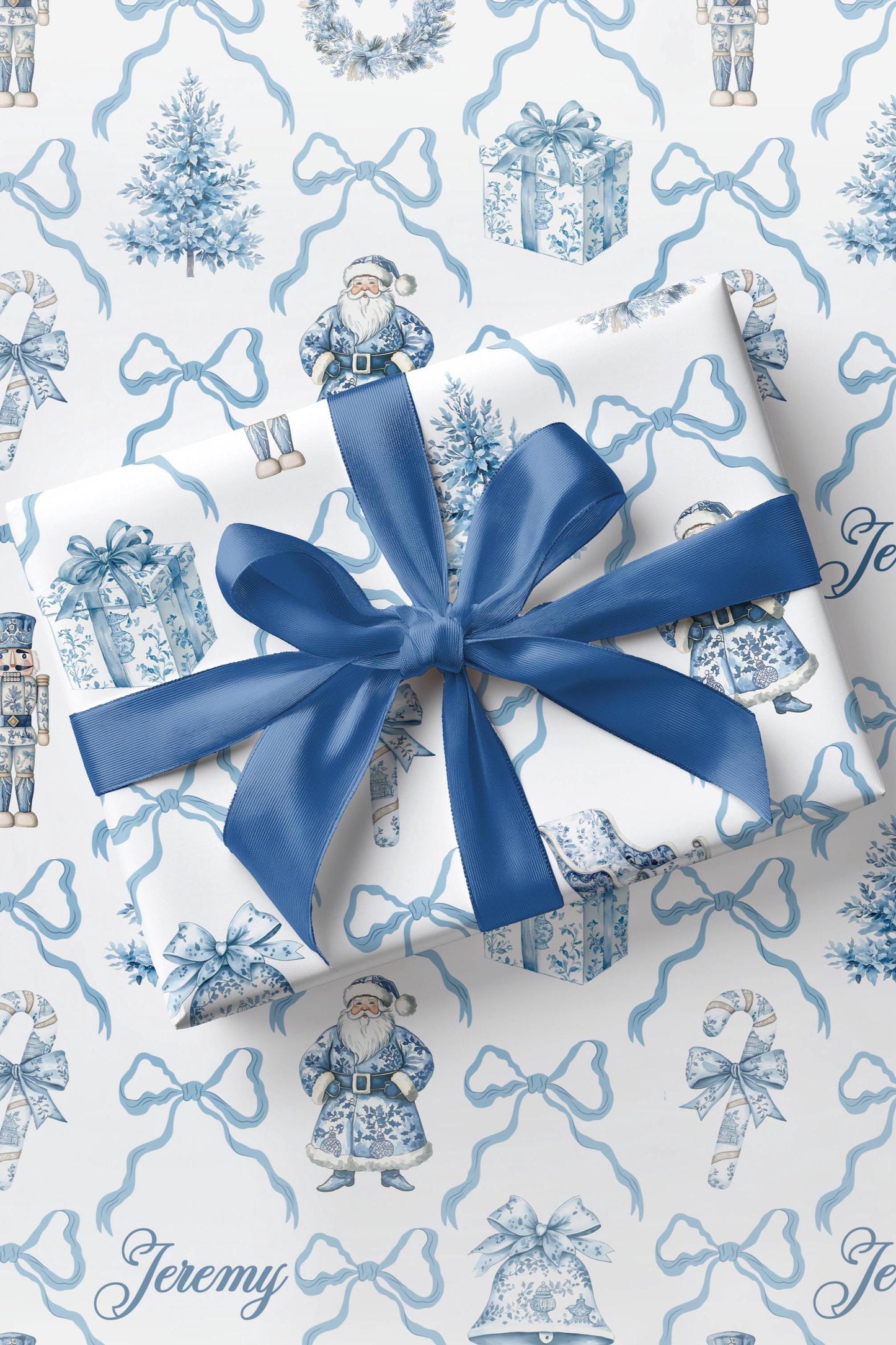 Blue Toile Wrapping Paper Christmas Blue Bow Gift Wrap Personalized Elegant Holiday Wrapping Paper Blue Nutcracker Gift Wrap First Christmas - LAUMIANstudio