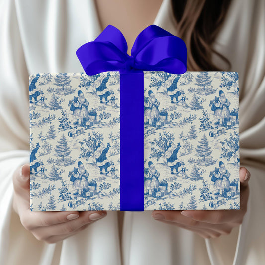 Blue Santa Toile Wrapping Paper Blue Vintage Gift Wrap Personalized Elegant Blue Christmas Gift Wrap Festive Chinoiserie Wrapping Paper Roll - LAUMIANstudio