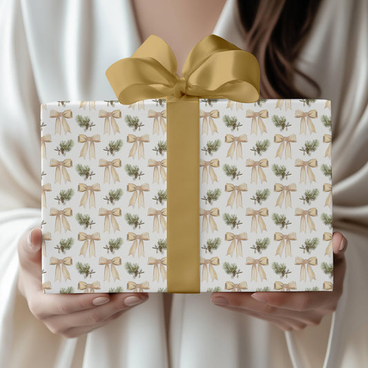 Golden Festive Bows Wrapping Paper Christmas Toile Coquette Gift Wrap Gold Chinoiserie Holiday Paper Roll Beige Classic Christmas Wrap - LAUMIANstudio