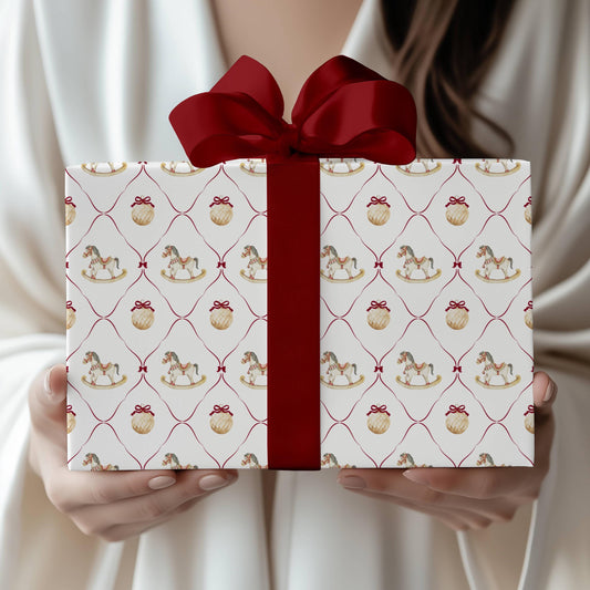 Christmas Rocking Horse Wrapping Paper Kid Holiday Gift Wrapping Festive Children Gift Wrapping Holiday Toy Wrapping Paper Roll Custom Name - LAUMIANstudio