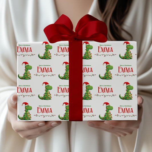 Christmas Dinosaur Wrapping Paper Kid Gift Festive Dino Wrapping Paper Roll Custom Name Trex Gift Wrap Dinosaur Birthday Present Paper - LAUMIANstudio