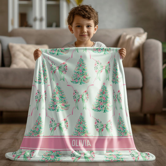 Personalized Pink Christmas Blanket for Baby Girl 1st Christmas Throw Blanket Baby Name Pink Blanket Santa Baby Girl Shower Gift Pink Bow - LAUMIANstudio