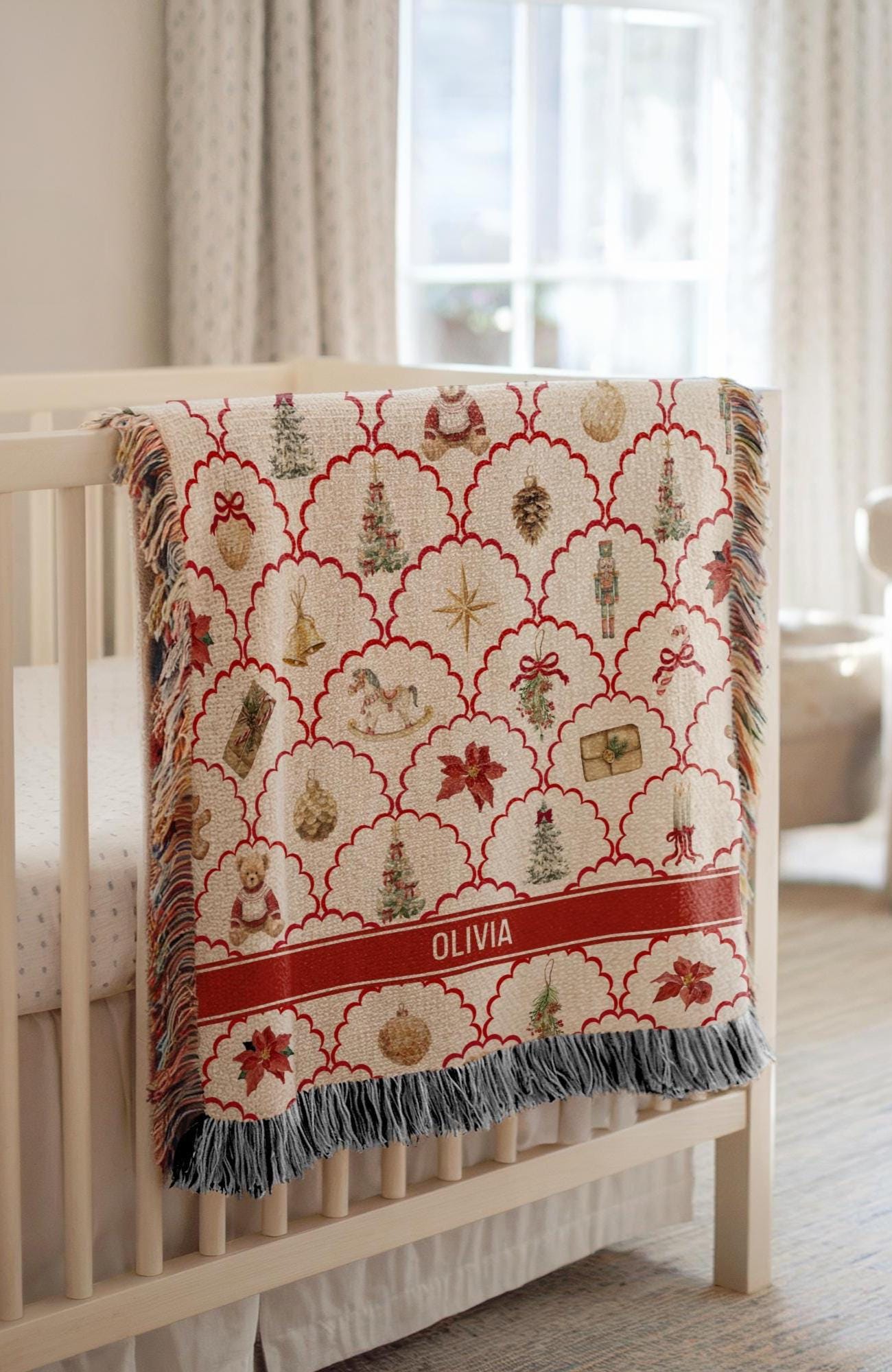 Vintage Christmas Woven Blanket Classic Christmas Throw Personalized Christmas Family Name Throw Blanket Kid 1st Christmas Baby Blanket - LAUMIANstudio