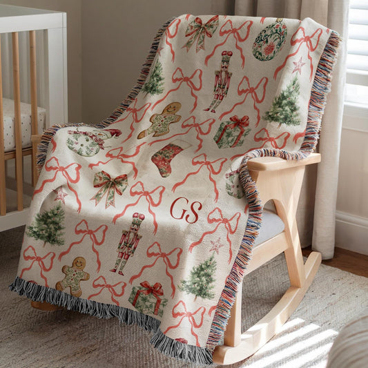 Personalized Christmas Woven Baby Blanket Festive Red Toile Throw Classic Santa Organic Blanket Gingerbread Man Baby Blanket Holiday Theme - LAUMIANstudio