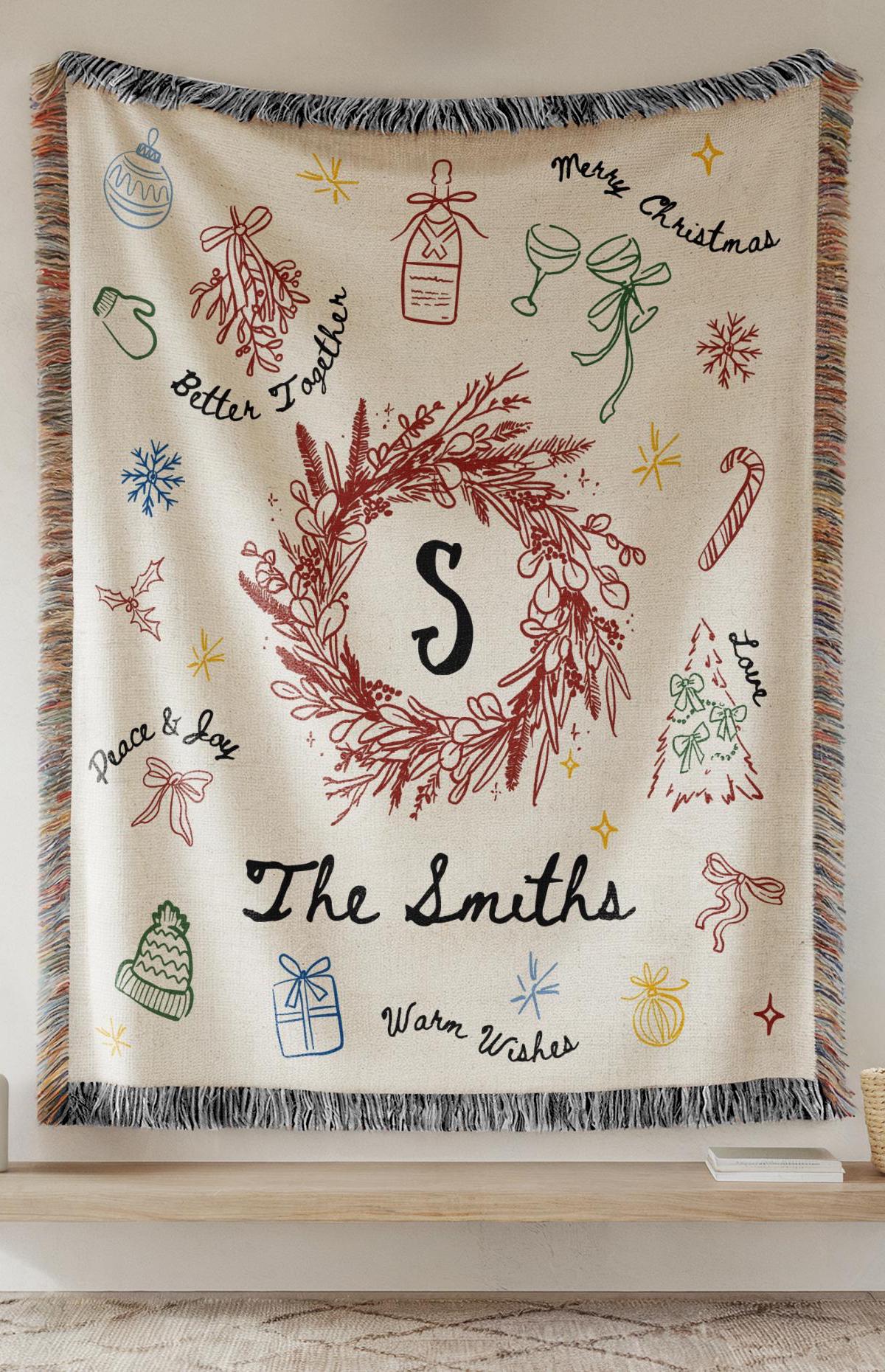 Personalized Family Name Christmas Wreath Blanket Customized Christmas Family Blanket with Last Name for Grandma Christmas Gift Vintage - LAUMIANstudio