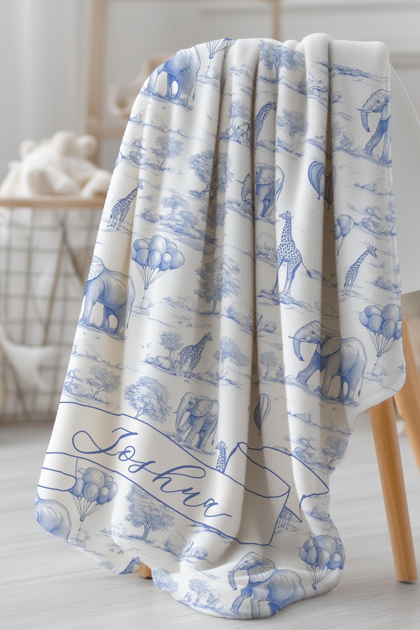 Personalized Blue Toile Safari Blanket: Chinoiserie Blue Nursery Decor, Boy Baby Shower Gift, 1st Birthday Gift Idea with Name - LAUMIANstudio