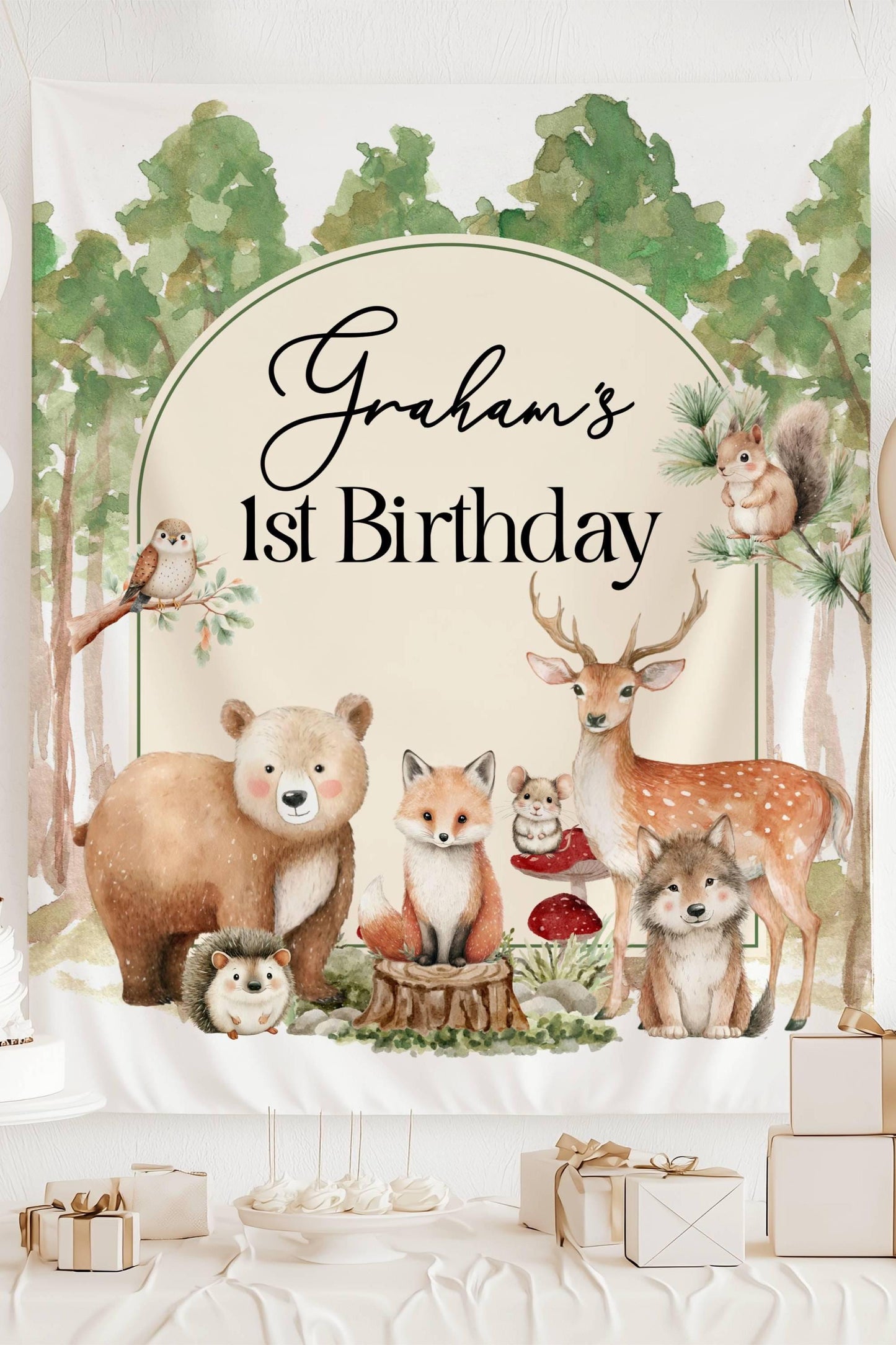 Woodland Baby Shower Banner Personalized Forest Baby Sprinkle Wall Tapestry Woodland Animals Shower Decor - LAUMIANstudio