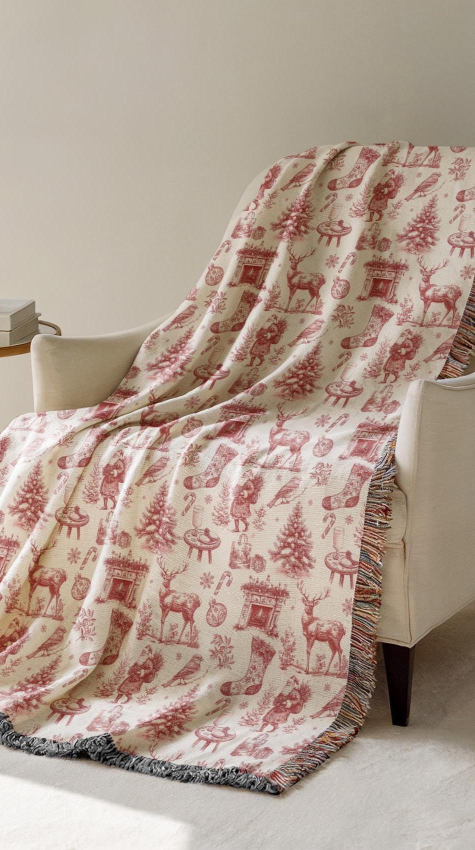 Red Toile Christmas Woven Blanket Elegant Toile de Jouy Festive Home Decoration Holiday French Country Blanket Chinoiserie Santa Red Blanket - LAUMIANstudio