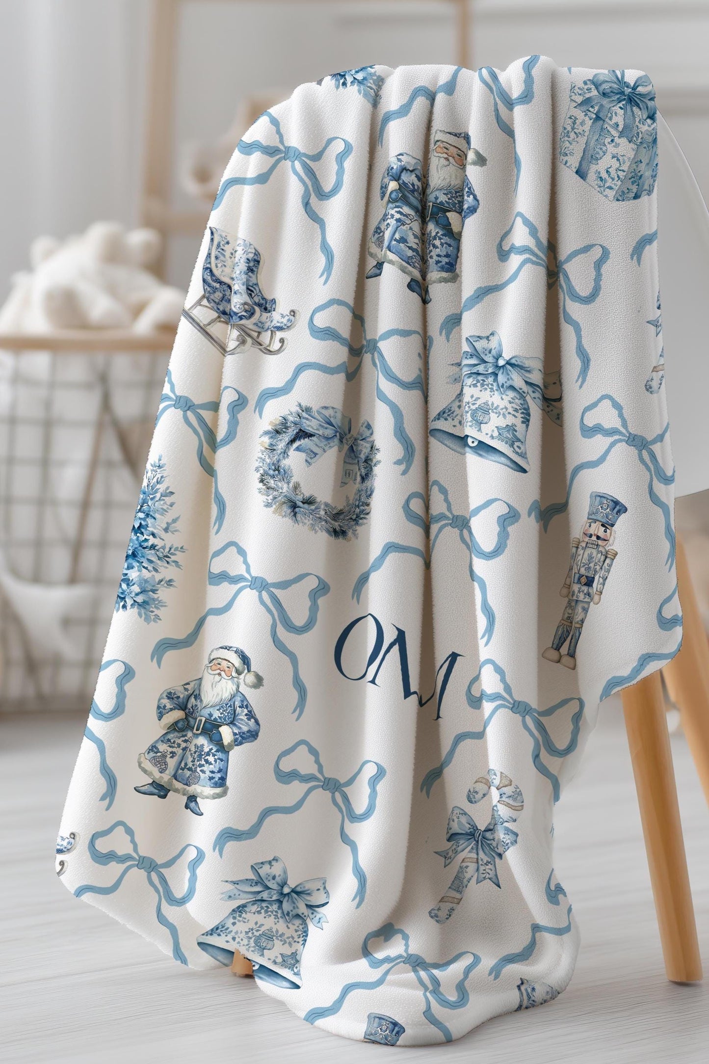 Personalized Blue Christmas Baby Blanket Nutcracker Holiday Minky Blanket for Boy Christmas Gift with Santa Baby Shower Gift with Initials - LAUMIANstudio