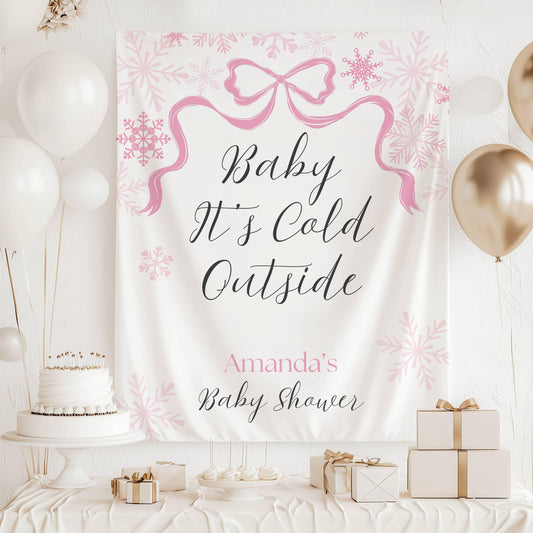 Baby Its Cold Outside Banner Pink Snowflake Baby Shower Backdrop Winter Baby Girl Shower Welcome Sign Outside Pink Bow Party Decor - LAUMIANstudio