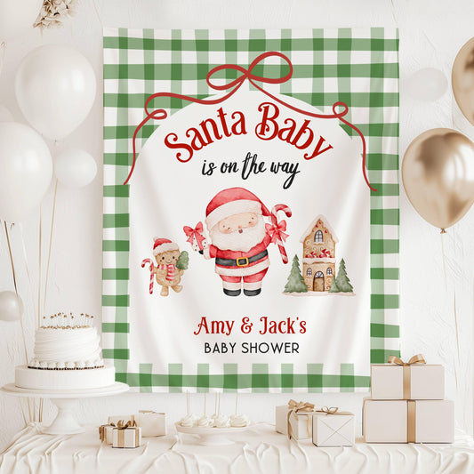 Personalized Santa Baby is on the Way Banner Santa Claus Baby Shower Backdrop Holiday Baby Shower Decor Winter Baby Shower Wall Tapestry - LAUMIANstudio