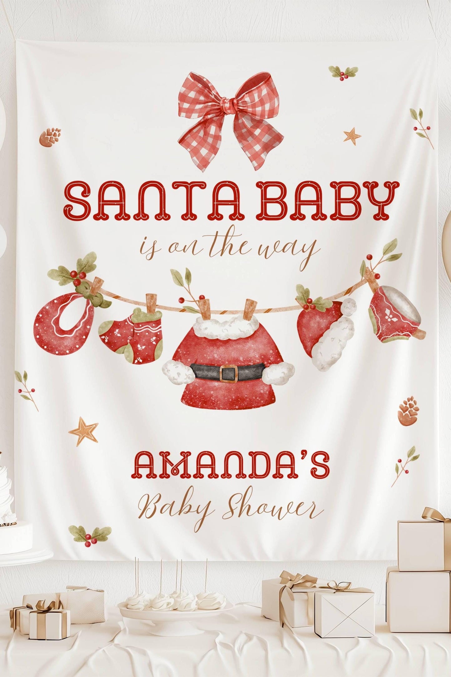 Santa Baby Shower Banner Personalized Christmas Baby Sprinkle Backdrop Merry Little Baby Shower Welcome Sign Santa Clothesline Baby Shower - LAUMIANstudio