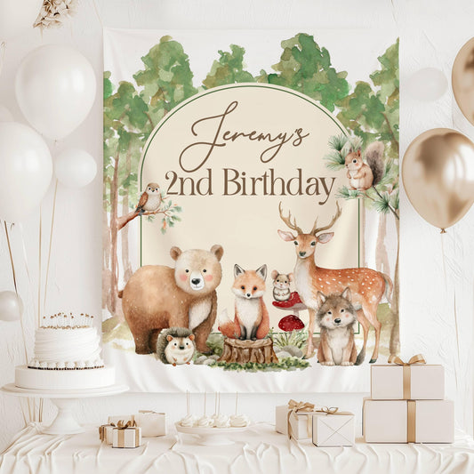 Woodland Baby Shower Banner Personalized Forest Baby Sprinkle Wall Tapestry Woodland Animals Shower Decor - LAUMIANstudio