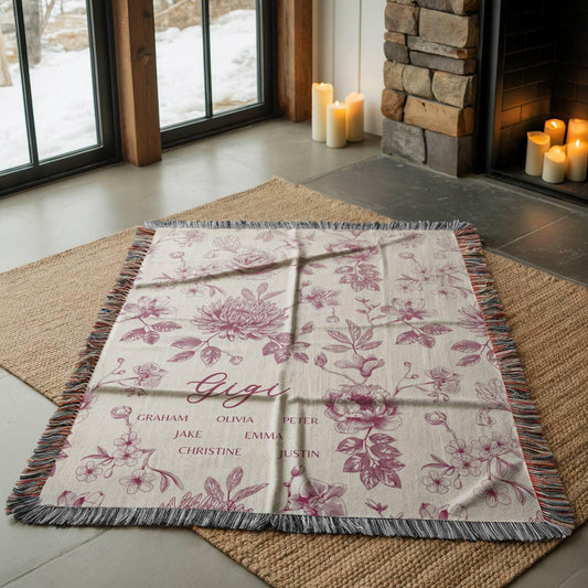 Personalized Nana Woven Blanket Blue Floral Throw Blanket for Grandma with Grandkid Names Personalized Nana Gift for Christmas or Birthday - LAUMIANstudio