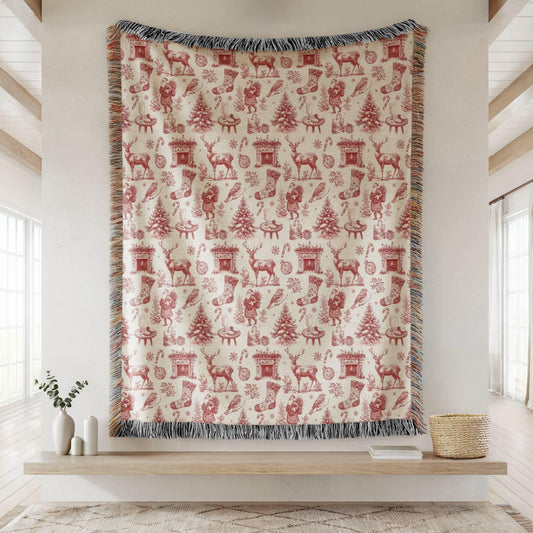 Red Toile Christmas Woven Blanket Elegant Toile de Jouy Festive Home Decoration Holiday French Country Blanket Chinoiserie Santa Red Blanket - LAUMIANstudio
