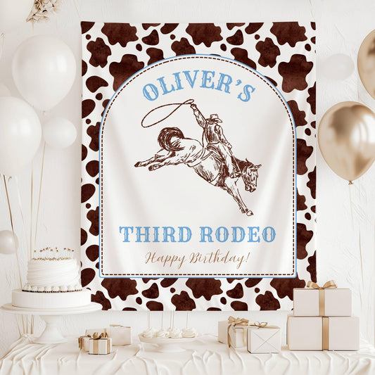 Cowboy 1st Birthday Banner Personalized First Rodeo Birthday Party Backdrop Wild West First Birthday Birthday Boy Wall Tapestry Cow Print - LAUMIANstudio