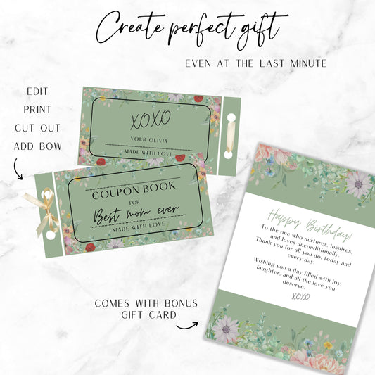 Wildflower Mama Birthday Gift Coupon Book for Mom Editable Coupon Birthday Mommy Voucher from Daughter on Budget Gift Idea Canva Template - LAUMIANstudio