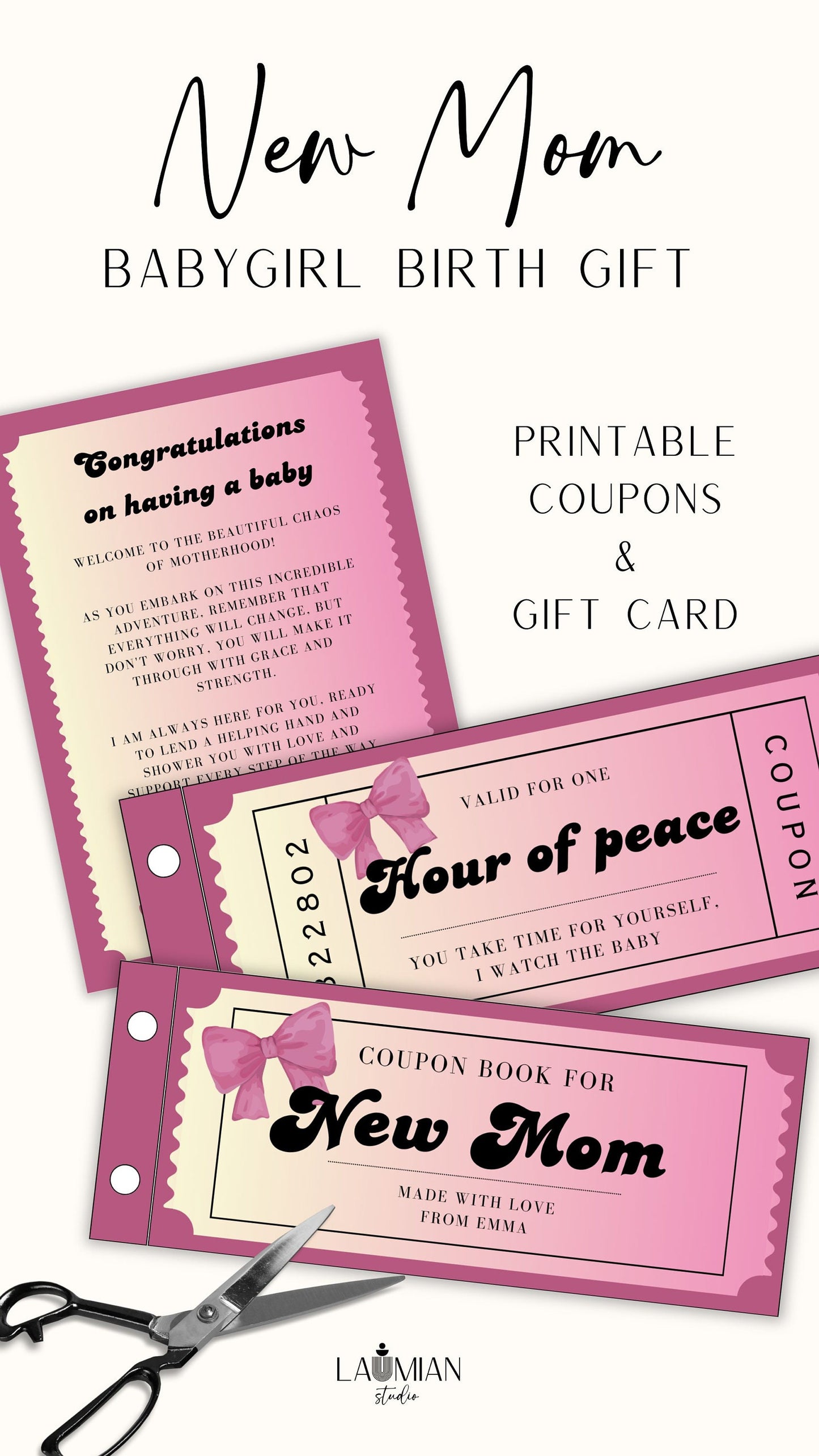 New Mom Gift Coupon Book Childbirth Gift for Mama Girl Baby Shower Last Minute Gift Mom Coupons Mothers Day Gift Gender Reveal Party Gift - LAUMIANstudio