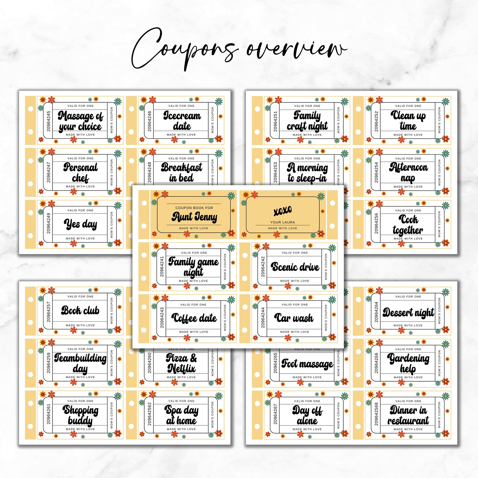 Birthday Coupon Aunt Gift Idea Yellow Flower Coupon Book for Her Printable Voucher Editable Template Customisable Coupon Book Auntie Granny - LAUMIANstudio