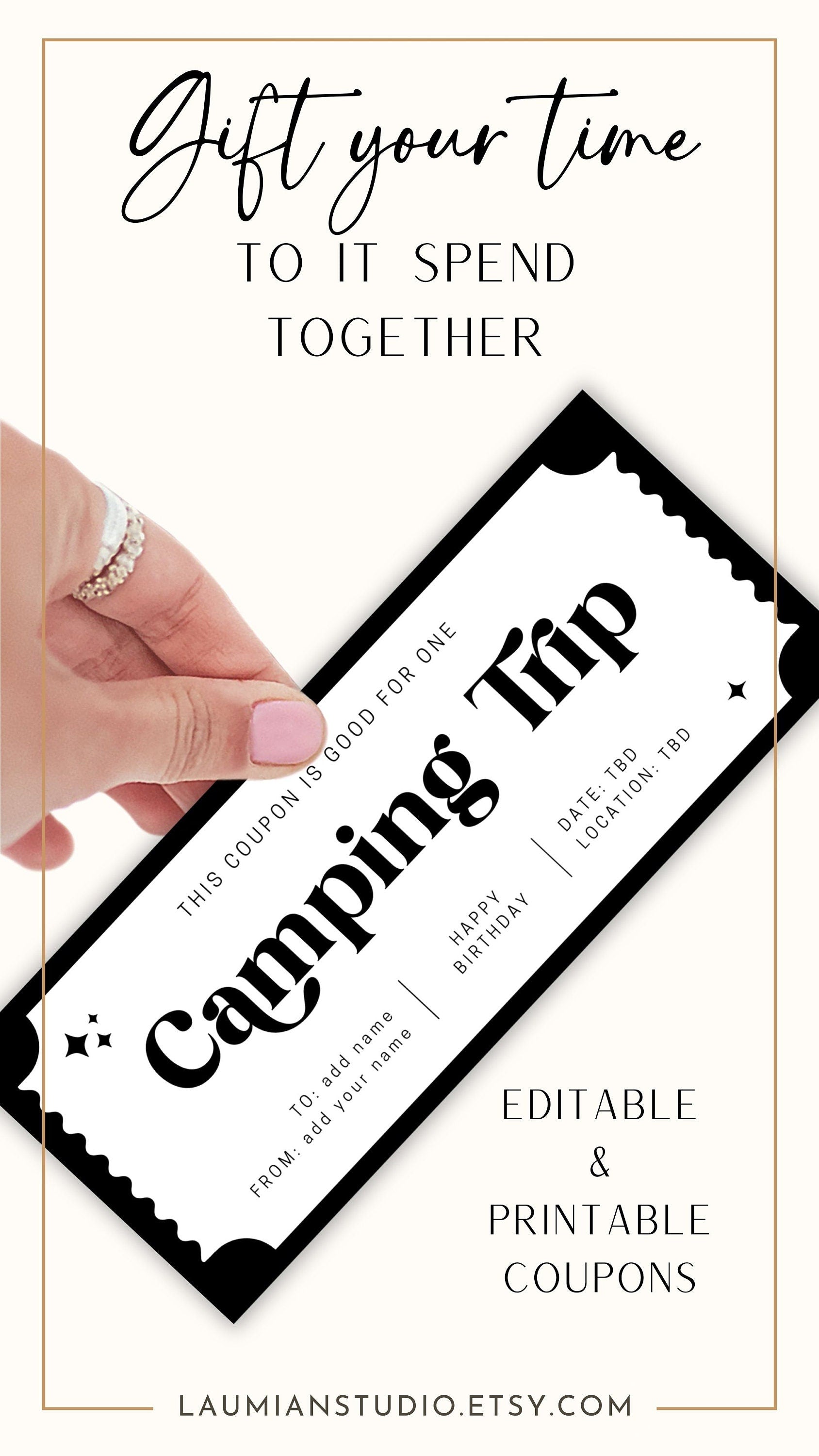 Custom Camping Trip Coupon Gift for Him Adventure Trip Gift Coupon Boyfriend Birthday Gift for Hubby Anniversary Gift Coupon Camping Voucher - LAUMIANstudio