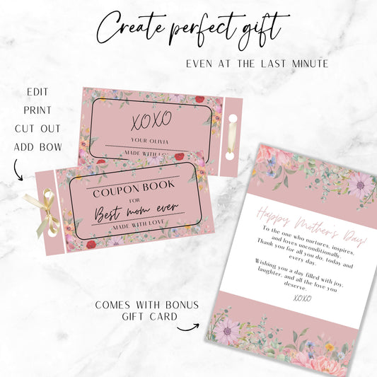 Customisable Gift Coupon Book for Mom Digital Coupon Book Granny Greeting Card For Grandma Digital Ticket Template Pink Printable Coupons - LAUMIANstudio