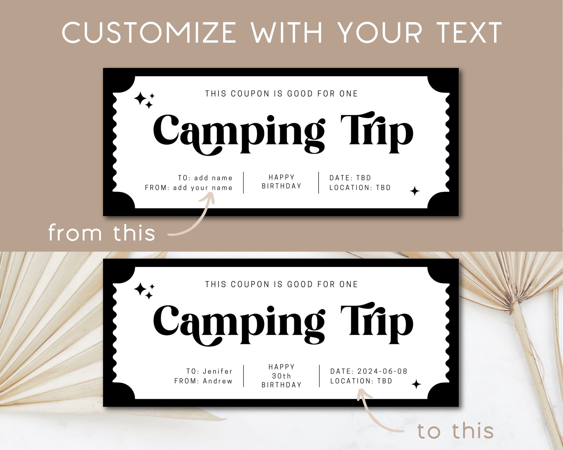 Custom Camping Trip Coupon Gift for Him Adventure Trip Gift Coupon Boyfriend Birthday Gift for Hubby Anniversary Gift Coupon Camping Voucher - LAUMIANstudio