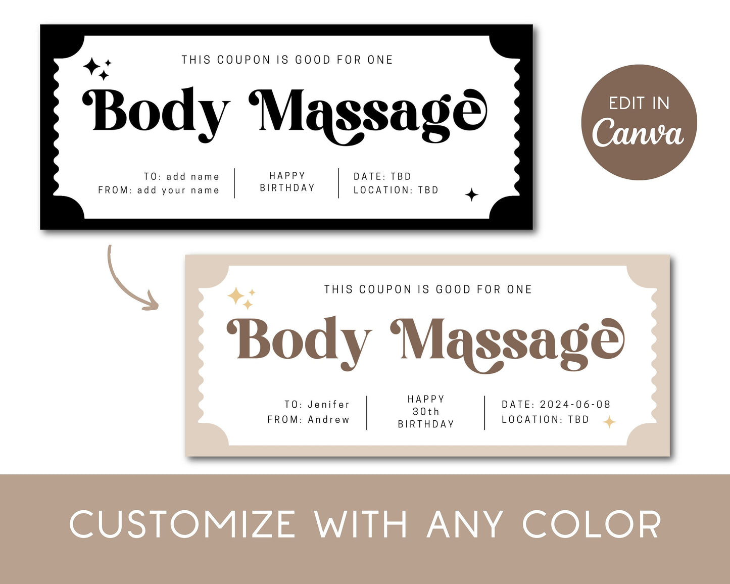 Body Massage Coupon Personalizable Text Gift Voucher Relaxation Massage Gift for Her Birthday Coupon Template Spa Day Custom Massage Ticket - LAUMIANstudio