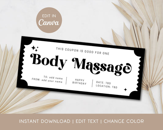 Body Massage Coupon Personalizable Text Gift Voucher Relaxation Massage Gift for Her Birthday Coupon Template Spa Day Custom Massage Ticket - LAUMIANstudio