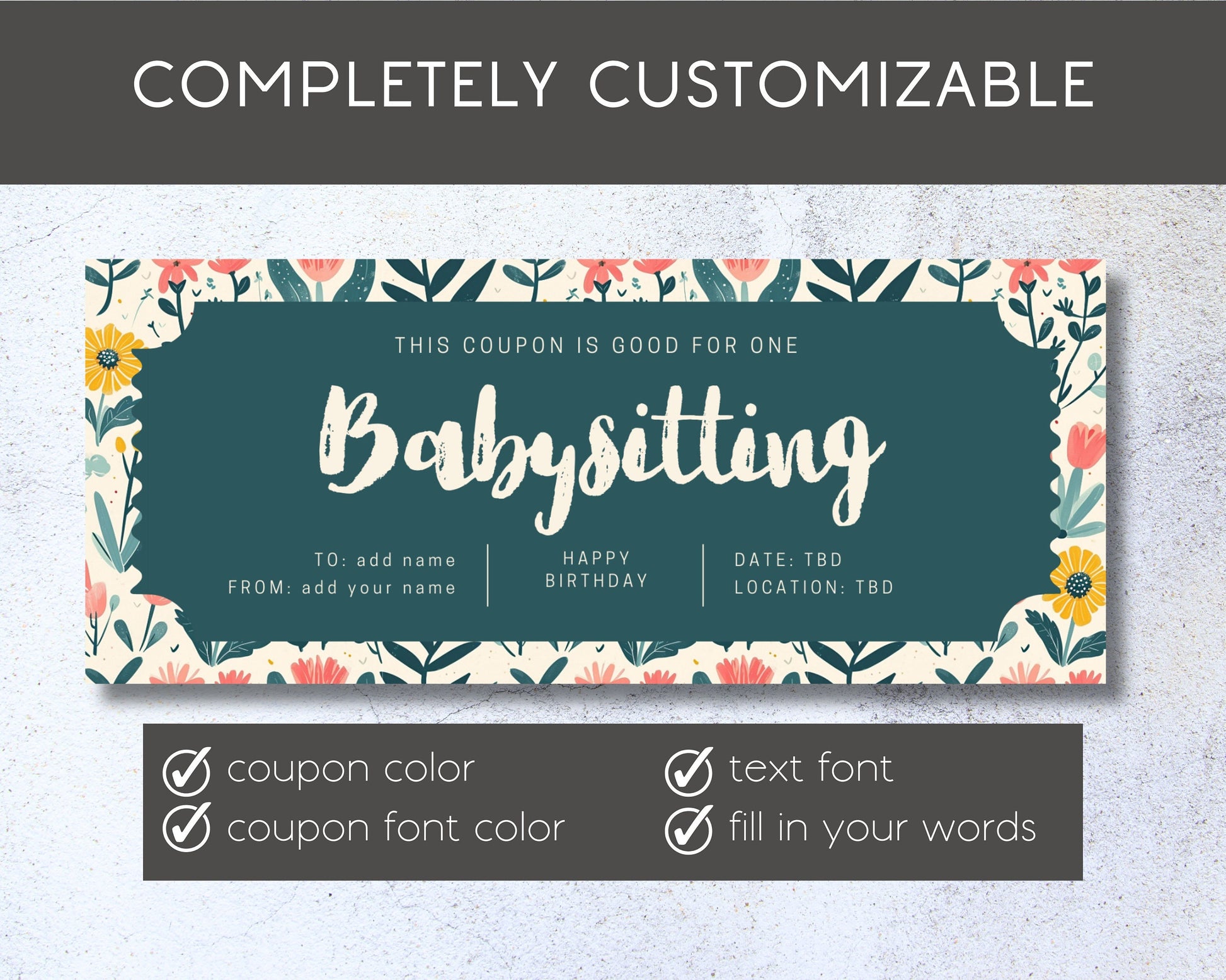 Wildflower Custom Babysitting Coupon Gift for Mama Baby Shower Gift Voucher Editable Template Custom Text Coupon Floral Babysitting Ticket - LAUMIANstudio