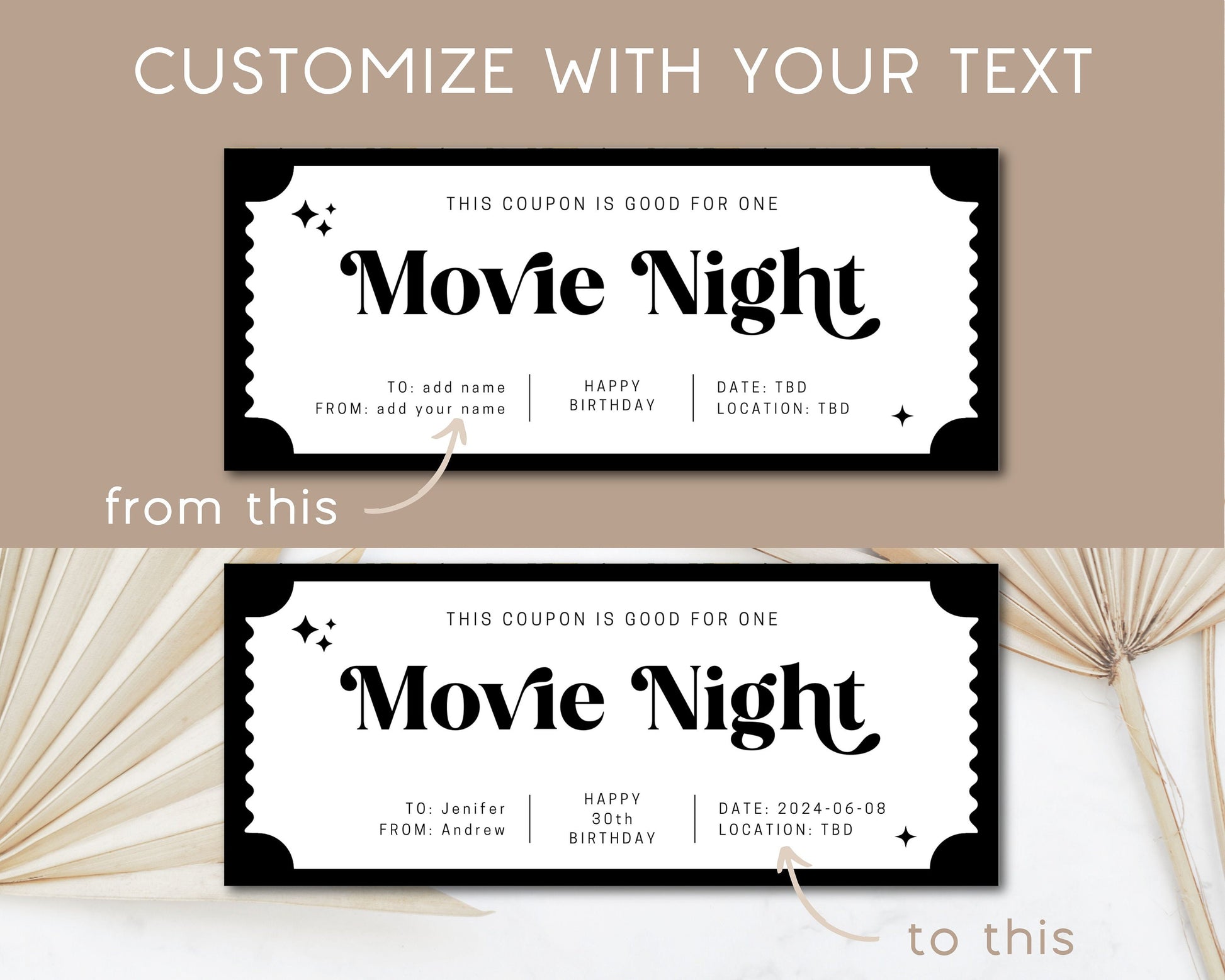 Movie Night Gift Coupon Editable Template Movie Date Voucher Movie Lover Birthday Gift Date Night Coupon Personalized Voucher Certificate - LAUMIANstudio