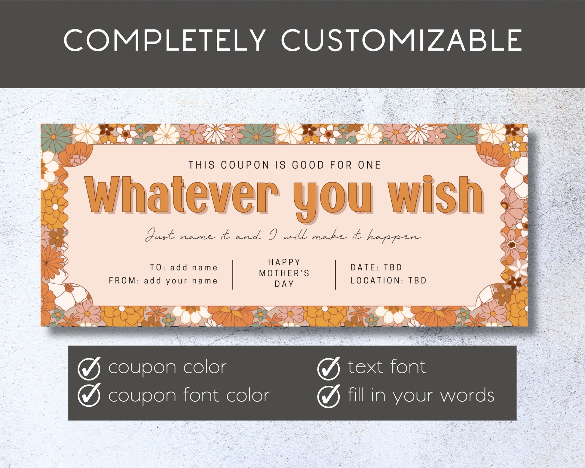 Retro Flower Gift Voucher Whatever You Wish Gift Coupon Editable Birthday Certificate Gift for Grandma Birthday Custom Ticket Mothers Day - LAUMIANstudio