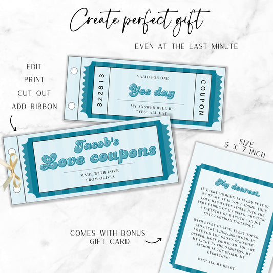 Custom Love Coupon for Man Anniversary Gift for Husband Love Coupon Book for Him Personalizable Gift Hubby Coupon Spouse Romantic Gift Idea - LAUMIANstudio