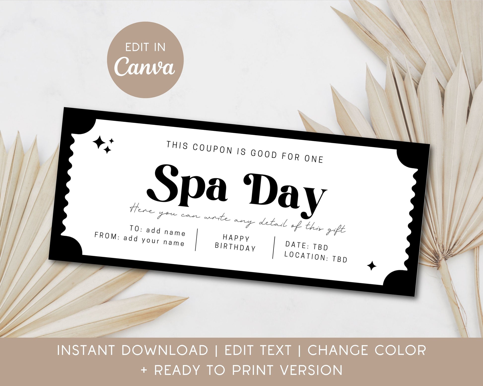 Spa Day Gift Coupon Spa Wellness Editable Voucher Digital Ticket for Girly Day Coupon Template Spa Day Token Mom Aunt Nanny Bestfriend Gift - LAUMIANstudio