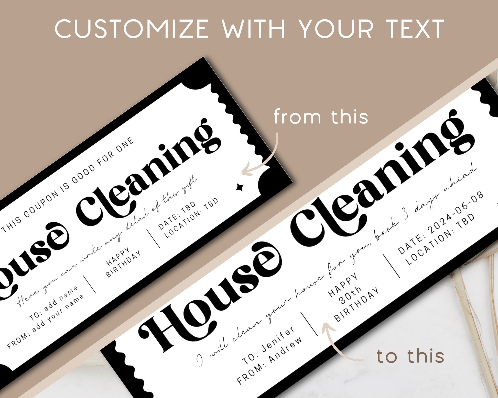 House Cleaning Gift Coupon Home Cleaning Voucher Editable Certificate New Home Help Ticket Custom Template Gift for Grandma Get Well Gift - LAUMIANstudio