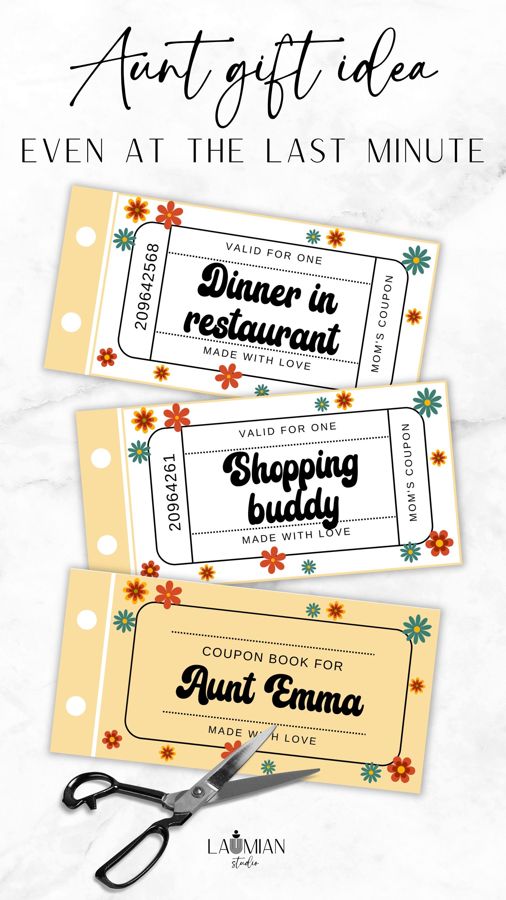 Birthday Coupon Aunt Gift Idea Yellow Flower Coupon Book for Her Printable Voucher Editable Template Customisable Coupon Book Auntie Granny - LAUMIANstudio
