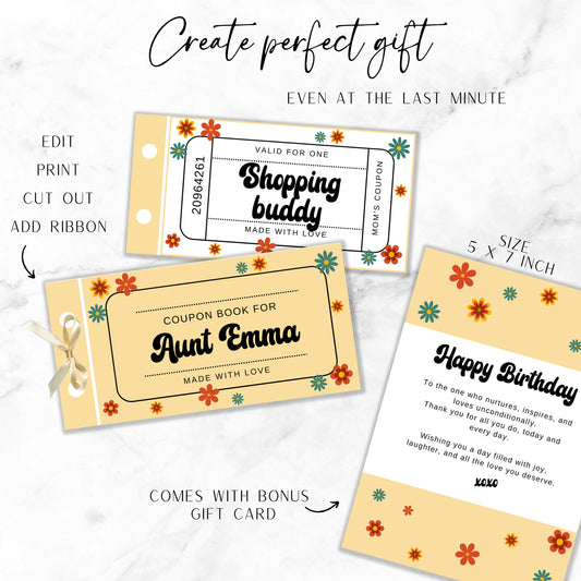 Birthday Coupon Aunt Gift Idea Yellow Flower Coupon Book for Her Printable Voucher Editable Template Customisable Coupon Book Auntie Granny - LAUMIANstudio
