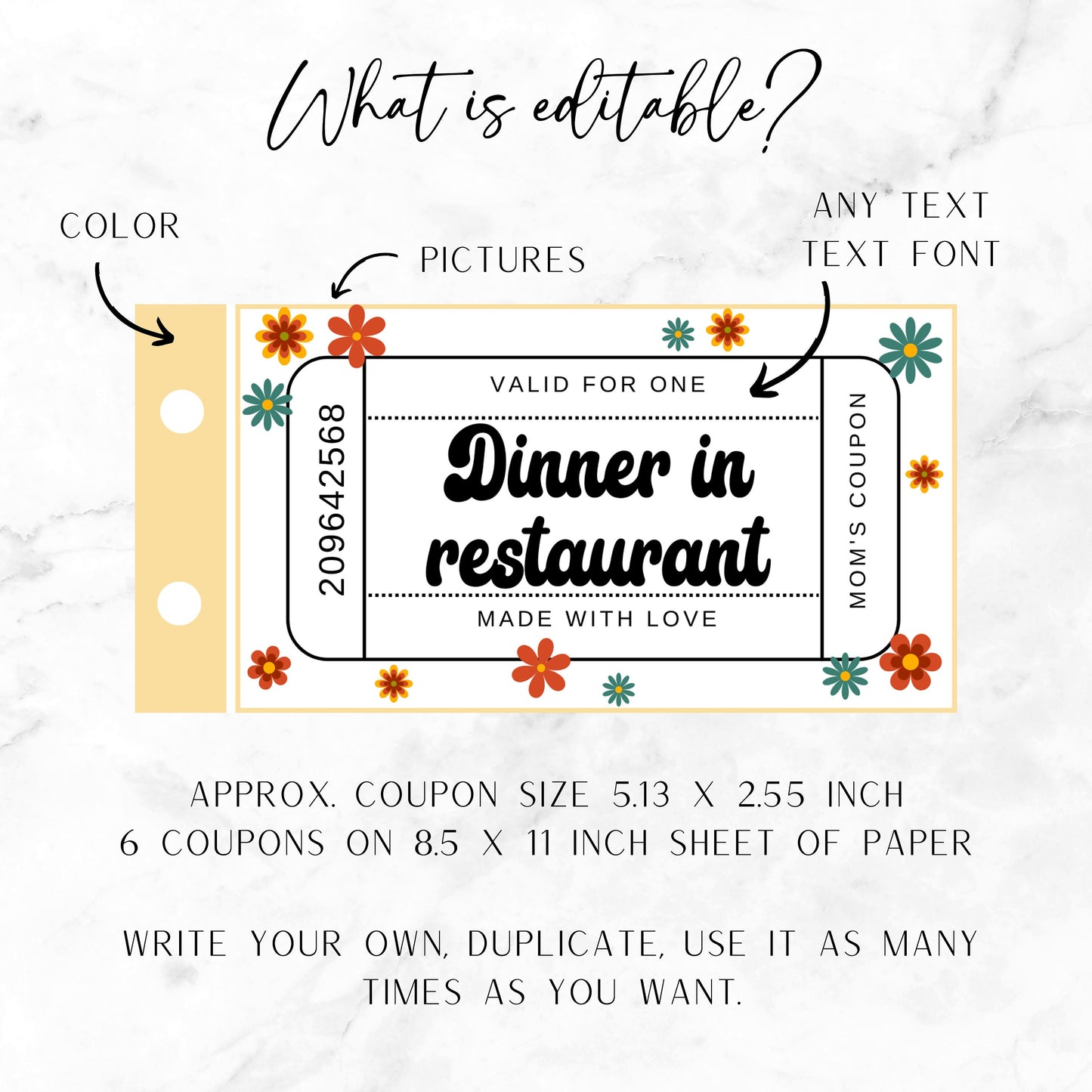 Birthday Coupon Aunt Gift Idea Yellow Flower Coupon Book for Her Printable Voucher Editable Template Customisable Coupon Book Auntie Granny - LAUMIANstudio