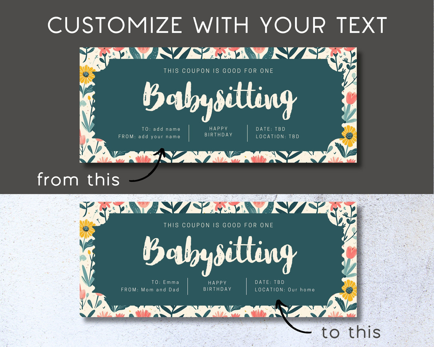 Wildflower Custom Babysitting Coupon Gift for Mama Baby Shower Gift Voucher Editable Template Custom Text Coupon Floral Babysitting Ticket - LAUMIANstudio