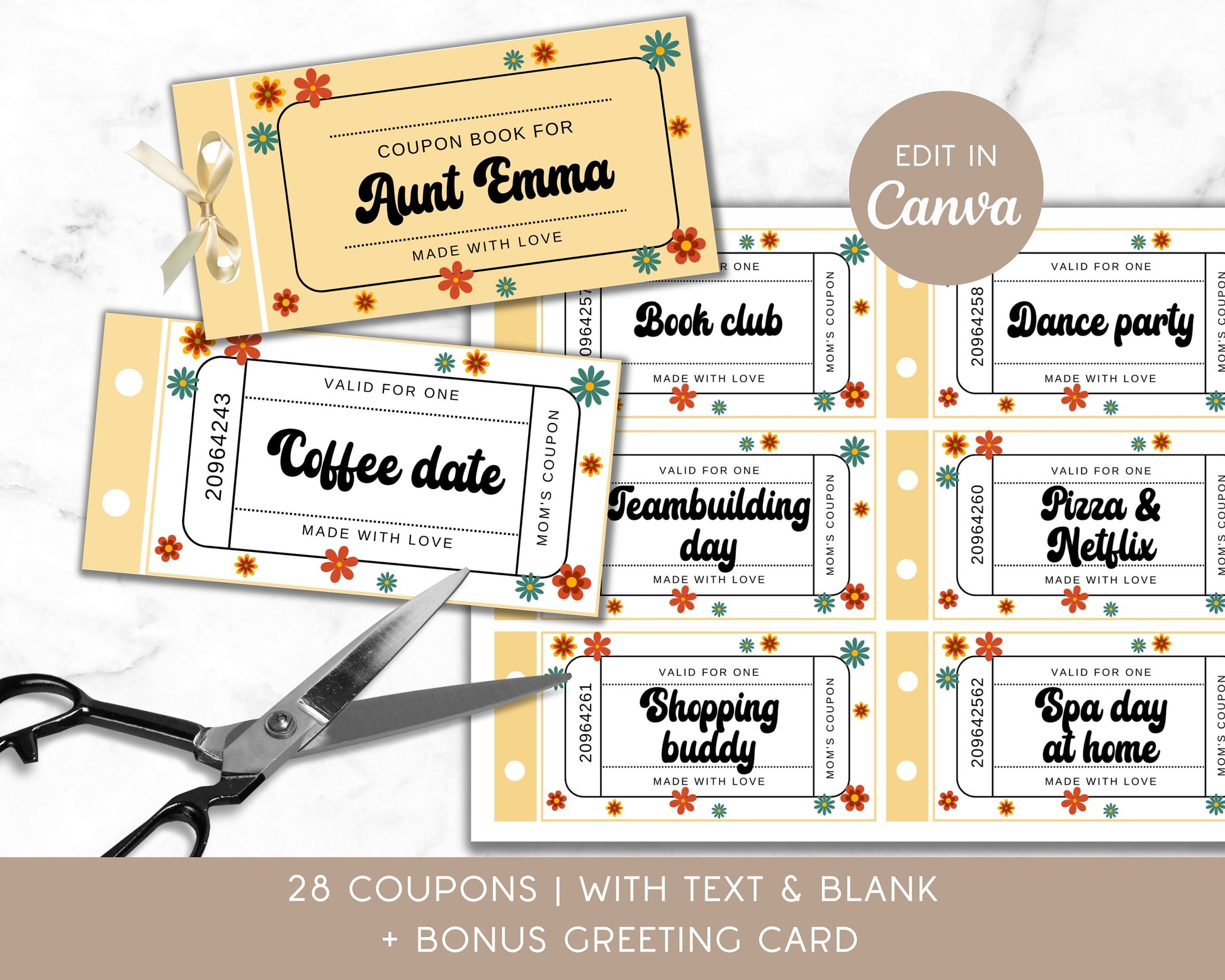 Birthday Coupon Aunt Gift Idea Yellow Flower Coupon Book for Her Printable Voucher Editable Template Customisable Coupon Book Auntie Granny - LAUMIANstudio