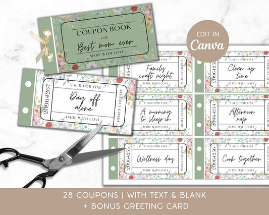 Wildflower Mama Birthday Gift Coupon Book for Mom Editable Coupon Birthday Mommy Voucher from Daughter on Budget Gift Idea Canva Template - LAUMIANstudio
