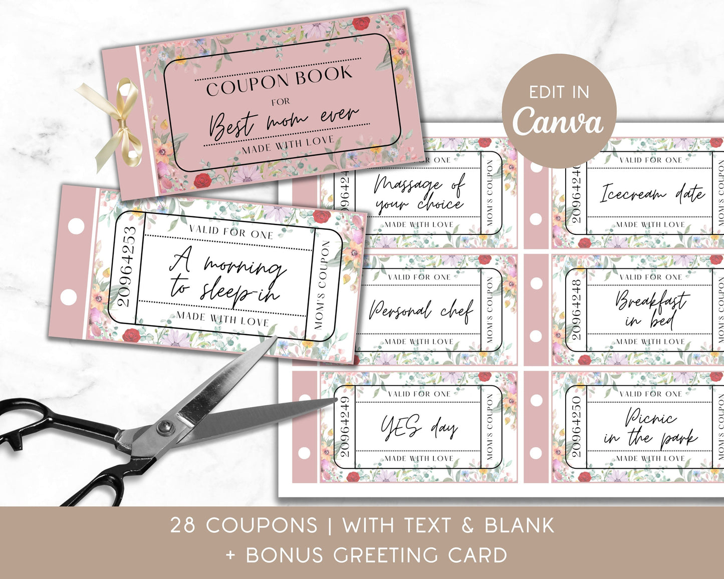 Customisable Gift Coupon Book for Mom Digital Coupon Book Granny Greeting Card For Grandma Digital Ticket Template Pink Printable Coupons - LAUMIANstudio