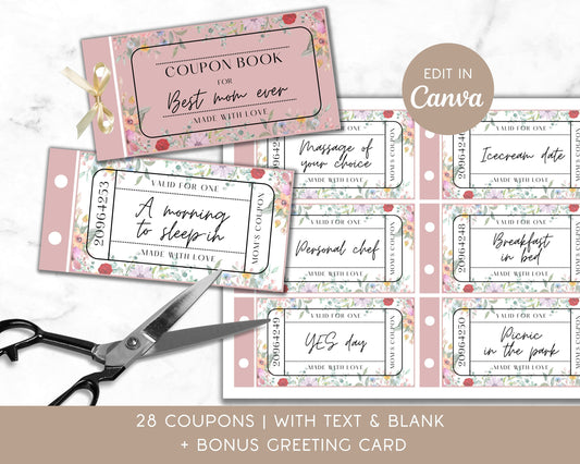 Customisable Gift Coupon Book for Mom Digital Coupon Book Granny Greeting Card For Grandma Digital Ticket Template Pink Printable Coupons - LAUMIANstudio