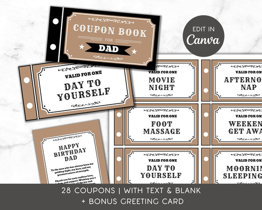 Personalizable Birthday Coupon Book for Dad Custom Gift for Papa Coupon Editable Template Canva Vouchers for Daddy 40th Birthday Gift Dad - LAUMIANstudio