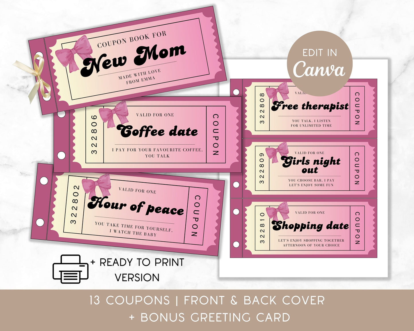 New Mom Gift Coupon Book Childbirth Gift for Mama Girl Baby Shower Last Minute Gift Mom Coupons Mothers Day Gift Gender Reveal Party Gift - LAUMIANstudio