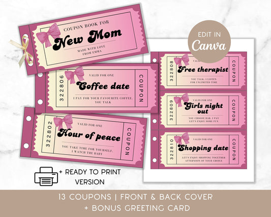New Mom Gift Coupon Book Childbirth Gift for Mama Girl Baby Shower Last Minute Gift Mom Coupons Mothers Day Gift Gender Reveal Party Gift - LAUMIANstudio