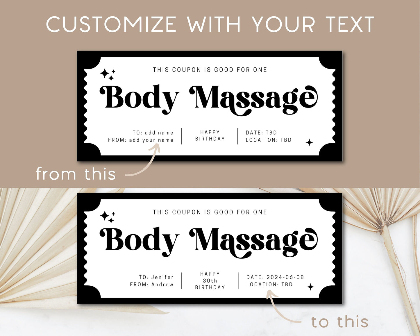 Body Massage Coupon Personalizable Text Gift Voucher Relaxation Massage Gift for Her Birthday Coupon Template Spa Day Custom Massage Ticket - LAUMIANstudio