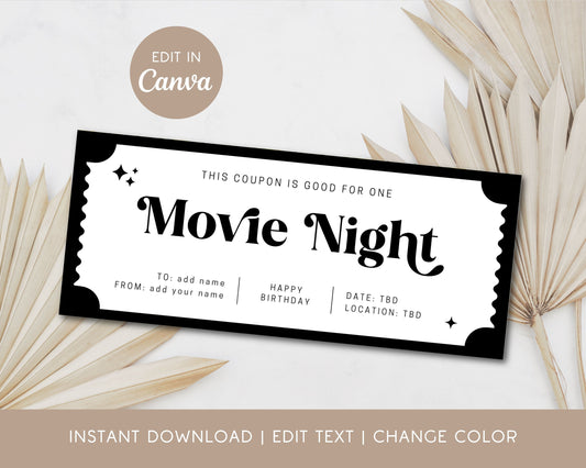 Movie Night Gift Coupon Editable Template Movie Date Voucher Movie Lover Birthday Gift Date Night Coupon Personalized Voucher Certificate - LAUMIANstudio