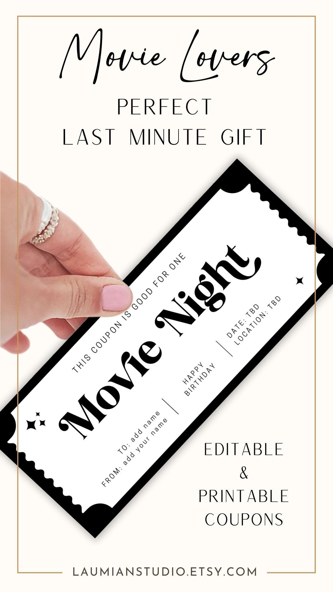 Movie Night Gift Coupon Editable Template Movie Date Voucher Movie Lover Birthday Gift Date Night Coupon Personalized Voucher Certificate - LAUMIANstudio